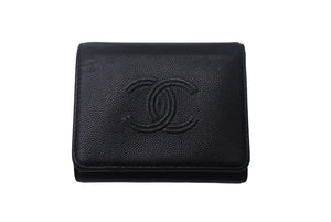 CHANEL シャネル 三つ折り財布 コンパクトウォレット ココマーク 29番台 キャビアスキン ブラック 美品 中古 4c068724