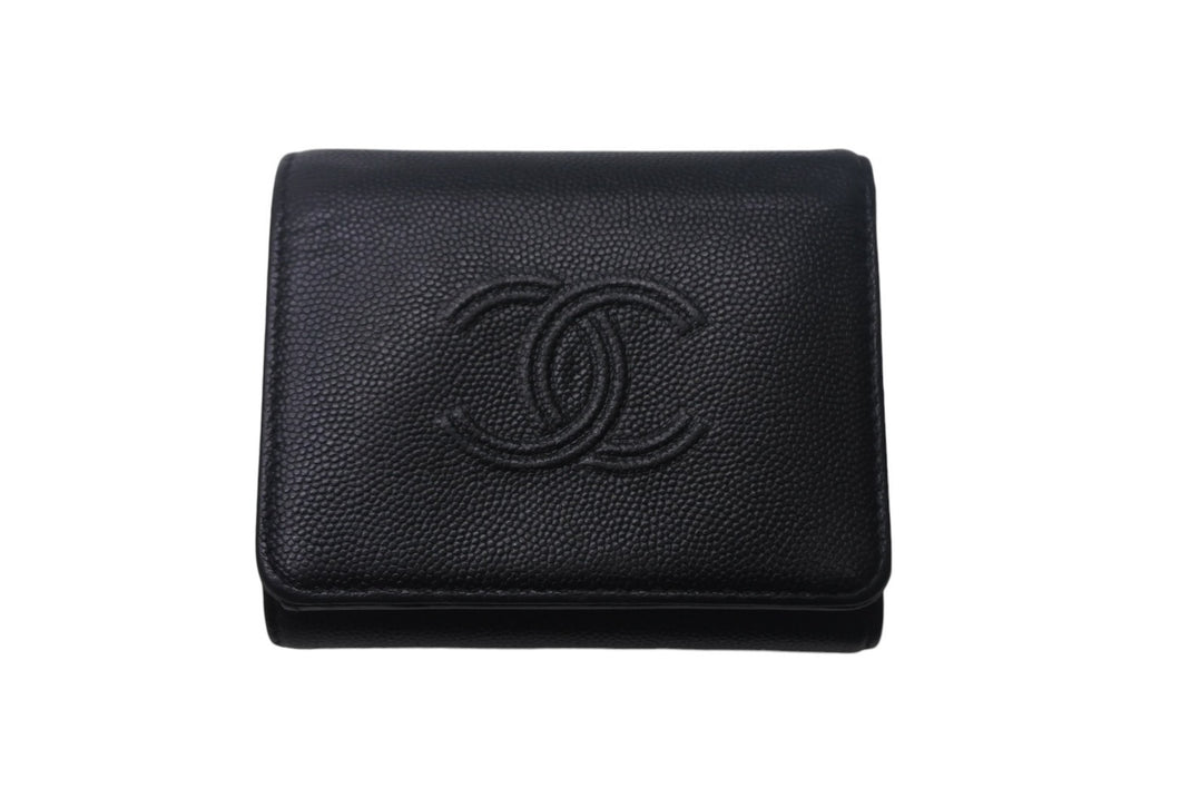 CHANEL シャネル 三つ折り財布 コンパクトウォレット ココマーク 29番台 キャビアスキン ブラック 美品 中古 4c068724