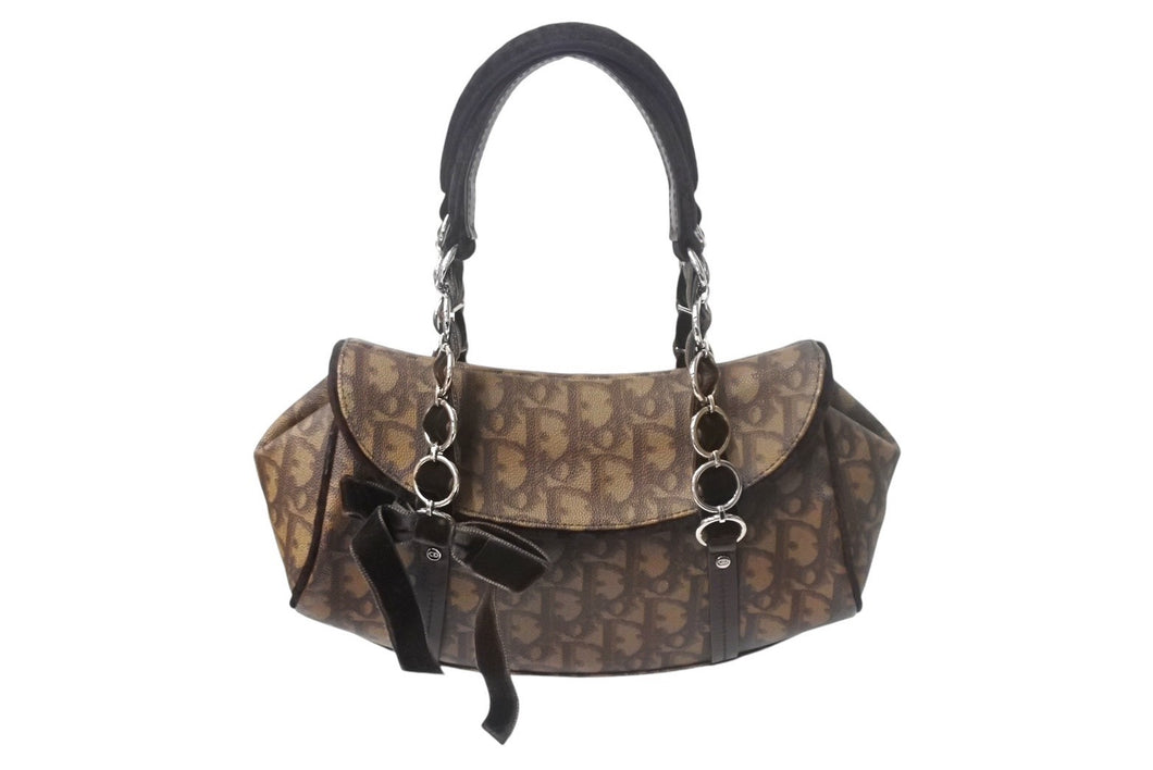 ChristianDior クリスチャンディオール ロマンティック ハンドバッグ トロッター PVC ベロア レザー ブラウン 美品 中古 4c068791