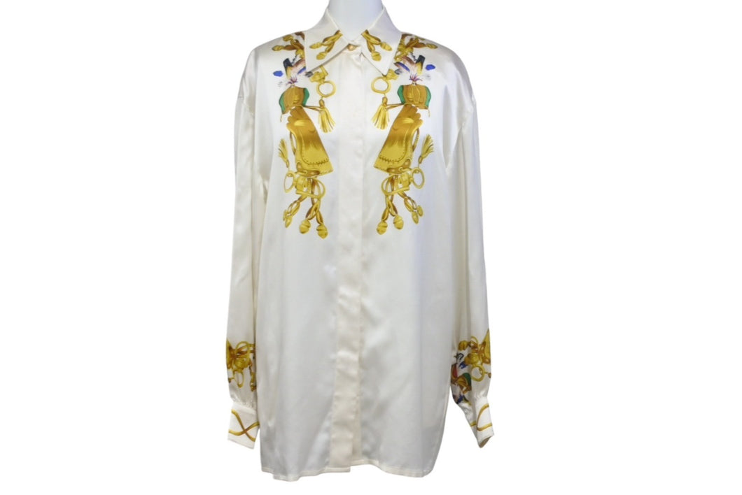 ESCADA エスカーダ シルクシャツ 長袖シャツ サイズ34 比翼 鳥柄 ベージュ マルチカラー シルク 美品 中古 4c068882