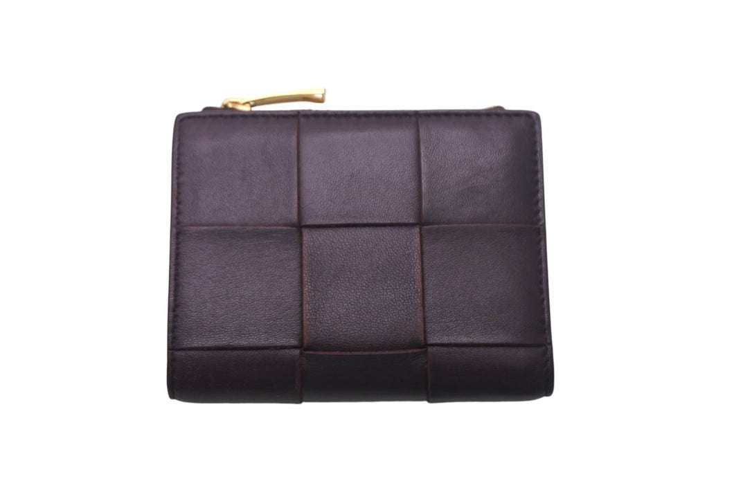 BOTTEGA VENETA ボッテガヴェネタ マキシイントレチャート コンパクトウォレット 財布 ワインレッド レザー ゴールド 美品 中古 4c069063