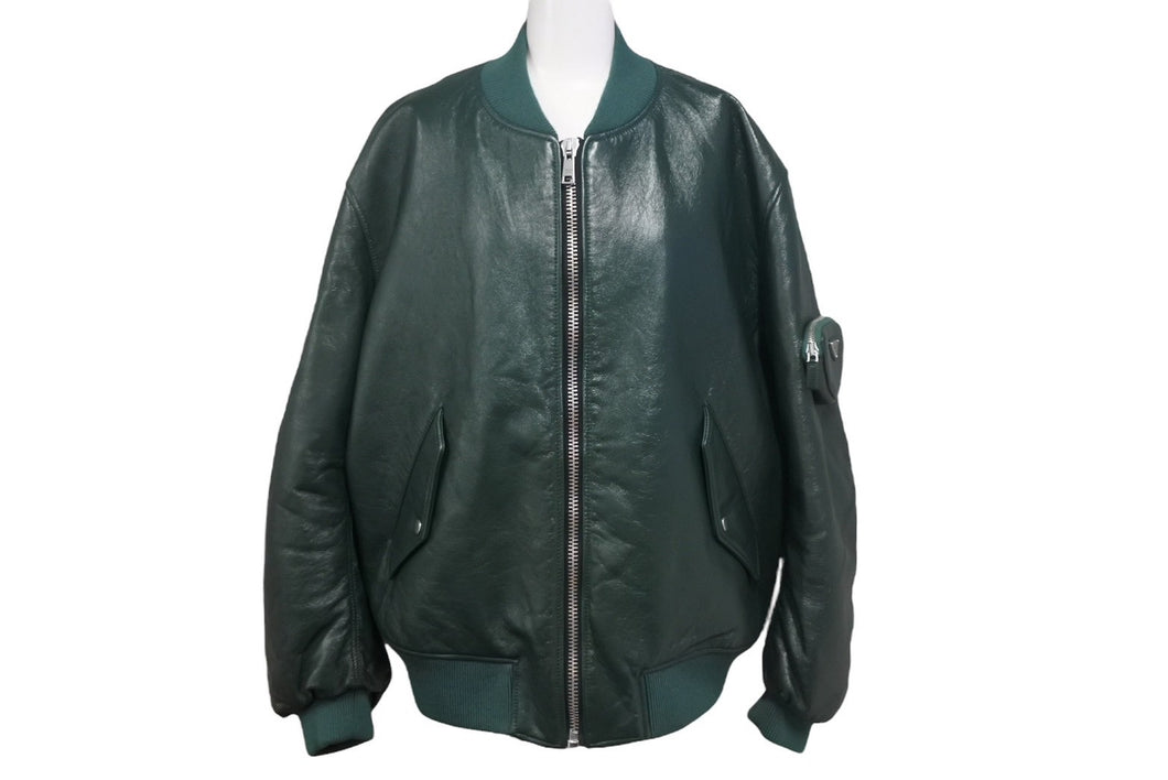 極美品 PRADA プラダ ナッパレザー ボンバージャケット UPW399 サイズ48 グリーン ラムスキン トライアングルロゴ 中古 4c069076