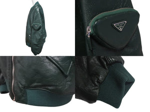 極美品 PRADA プラダ ナッパレザー ボンバージャケット UPW399 サイズ48 グリーン ラムスキン トライアングルロゴ 中古 4c069076
