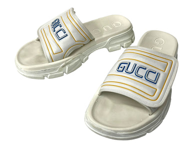 GUCCI グッチ スライドロゴ ビーチサンダル トリコロール ホワイト 575072 カーフレザー ラバー ホワイト サイズ11 1/2 美品 中古 4c069084 