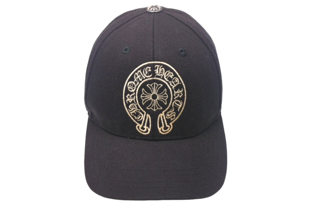 CHROME HEARTS クロムハーツ キャップ ホースシュー クロスボール CHプラス スクロールラベル 刺繍 ブラック コットン シルバー925 良品 中古 4c069096