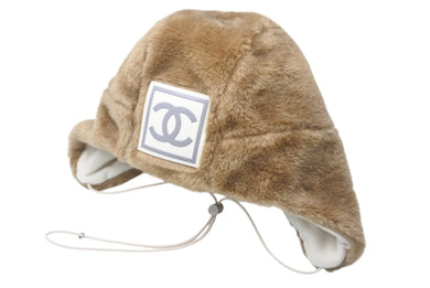 極美品 CHANEL シャネル スポーツライン エコファー トラッパーハット ファー ニットキャップ 帽子 ココマーク 2001 Mサイズ ブラウン 中古 4c069102