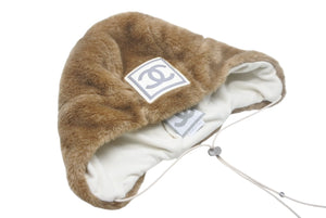 極美品 CHANEL シャネル スポーツライン エコファー トラッパーハット ファー ニットキャップ 帽子 ココマーク 2001 Mサイズ ブラウン 中古 4c069102