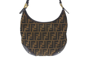 極美品 FENDI フェンディ ホーボー ワンショルダーバッグ 8BR234 ズッカ柄 キャンバス レザー ブラウン ゴールド金具 中古 4b006925