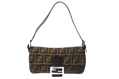 FENDI フェンディ マンマバケット ワンショルダーバッグ ズッカ柄 コットンキャンバス レザー シルバー金具 ブラウン 美品 中古 4c069398