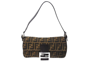 FENDI フェンディ マンマバケット ワンショルダーバッグ ズッカ柄 コットンキャンバス レザー シルバー金具 ブラウン 美品 中古 4c069398 