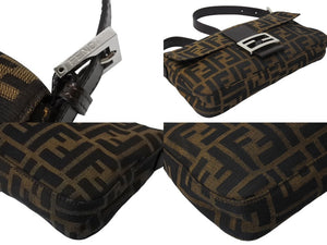 FENDI フェンディ マンマバケット ワンショルダーバッグ ズッカ柄 コットンキャンバス レザー シルバー金具 ブラウン 美品 中古 4c069398 