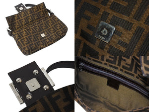 FENDI フェンディ マンマバケット ワンショルダーバッグ ズッカ柄 コットンキャンバス レザー シルバー金具 ブラウン 美品 中古 4c069398 
