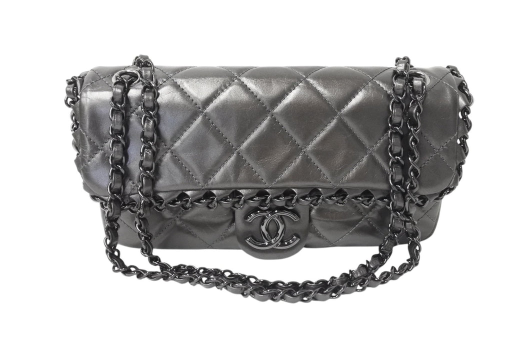 新品同様 CHANEL シャネル マトラッセ チェーンミー Wチェーンショルダーバッグ A50491 16番台 マットグレー ココマーク カーフスキン 中古 4c069434
