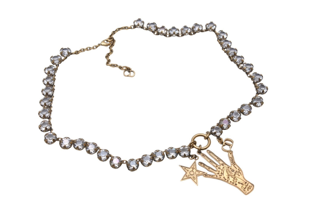 ChristianDior クリスチャンディオール ラインストーン エイジドメタル ハンドチャーム ネックレス ゴールド 48.3g 美品 中古 4c069509