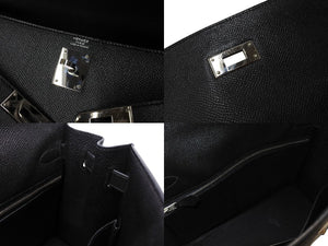 HERMES エルメス ケリー32 外縫い ブラック □Q刻印 カーフスキン シルバー金具 ハンドバッグ 2WAY 中古 4c069530