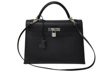 Load image into Gallery viewer, HERMES エルメス ケリー32 外縫い ブラック □Q刻印 カーフスキン シルバー金具 ハンドバッグ 2WAY 中古 4c069530