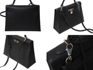 HERMES エルメス ケリー32 外縫い ブラック □Q刻印 カーフスキン シルバー金具 ハンドバッグ 2WAY 中古 4c069530