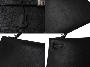 HERMES エルメス ケリー32 外縫い ブラック □Q刻印 カーフスキン シルバー金具 ハンドバッグ 2WAY 中古 4c069530