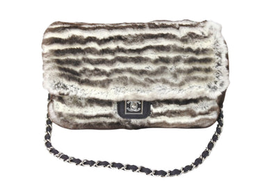 CHANEL シャネル ファー チェーン ショルダーバッグ 11番台 ブラウン ホワイト ココマーク コーティングキャンバス シルバー金具 美品 中古 4c069588