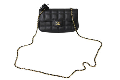 CHANEL シャネル カメリア チョコバー チェーン ミニショルダーバッグ ブラック ラムスキン 14番台 ココマーク ロゴ ゴールド金具 美品 中古 4c069613