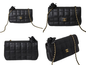 CHANEL シャネル カメリア チョコバー チェーン ミニショルダーバッグ ブラック ラムスキン 14番台 ココマーク ロゴ ゴールド金具 美品 中古 4c069613