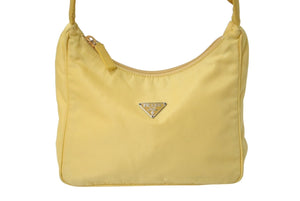 PRADA プラダ ホーボー ハンドバッグ MV515 トライアングルロゴ イエロー ナイロン シルバー金具 美品 中古 4c069619