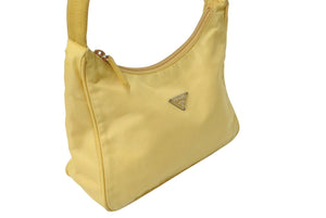 PRADA プラダ ホーボー ハンドバッグ MV515 トライアングルロゴ イエロー ナイロン シルバー金具 美品 中古 4c069619