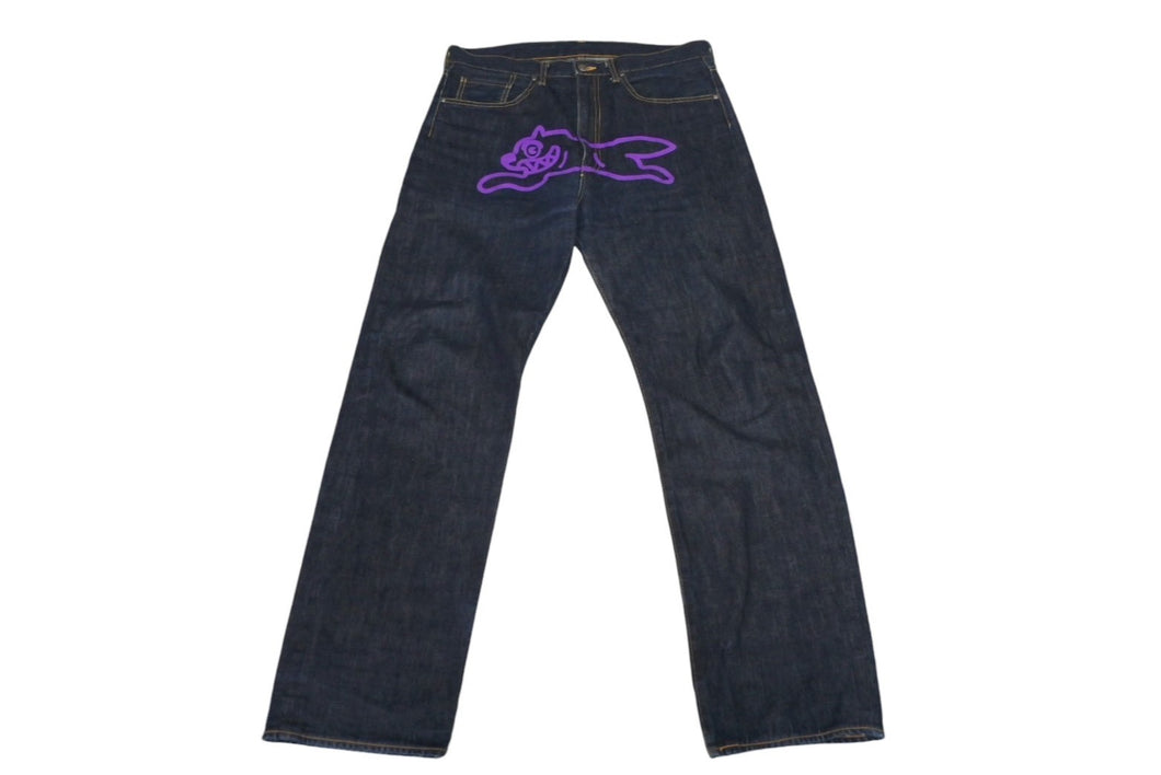 BILLIONAIRE BOYS CLUB ビリオネアボーイズクラブ フロントドッグ デニムパンツ ボトムス パープル ネイビー サイズL 美品 中古 4c069680