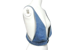 極美品 PRADA プラダ プランジング Vネック デニム クロップド トップ GFT011 S212 1ZAB コットン ブルー サイズ40 中古 4c069724