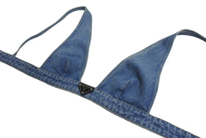 極美品 PRADA プラダ プランジング Vネック デニム クロップド トップ GFT011 S212 1ZAB コットン ブルー サイズ40 中古 4c069724