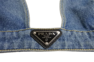 極美品 PRADA プラダ プランジング Vネック デニム クロップド トップ GFT011 S212 1ZAB コットン ブルー サイズ40 中古 4c069724