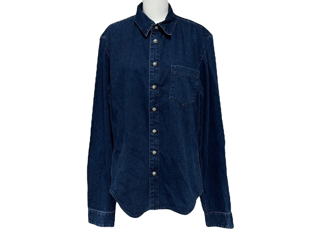 未使用 CHROME HEARTS クロムハーツ デニム長袖シャツ LOOSE ENDS ブルー デニム クロスパッチ シルバー金具 サイズM 中古 4c069728