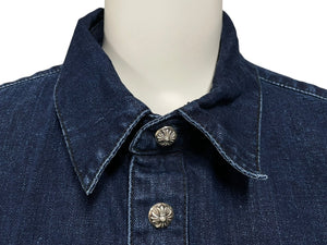 未使用 CHROME HEARTS クロムハーツ デニム長袖シャツ LOOSE ENDS ブルー デニム クロスパッチ シルバー金具 サイズM 中古 4c069728