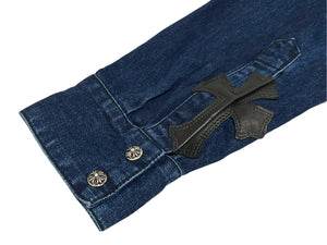 未使用 CHROME HEARTS クロムハーツ デニム長袖シャツ LOOSE ENDS ブルー デニム クロスパッチ シルバー金具 サイズM 中古 4c069728