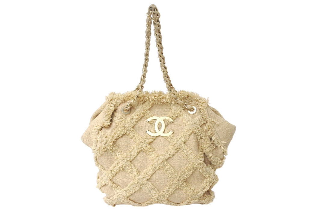 CHANEL シャネル ココマーク チェーントートバッグ 20番台 イタリア製 ツイード ベージュ ゴールド金具 美品 中古 4c06975