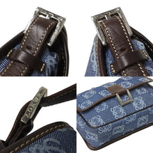 Load image into Gallery viewer, LOEWE ロエベ アナグラム ミニ ショルダーバッグ デニム レザー ブルー ブラウン 070312 スペイン製 シルバー金具 美品 中古 4c069805