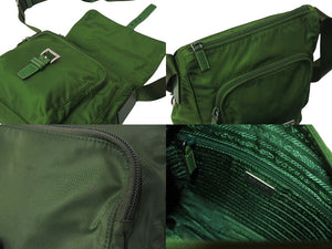 PRADA プラダショルダーバッグ トライアングルロゴ イタリア製ナイロンレザー グリーンシルバー金具 美品 中古 4c069808 