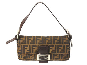 FENDI フェンディ マンマバケット ワンショルダーバッグ ズッカ柄 コットンキャンバス レザー シルバー金具 ブラウン 美品 中古 4c069819 