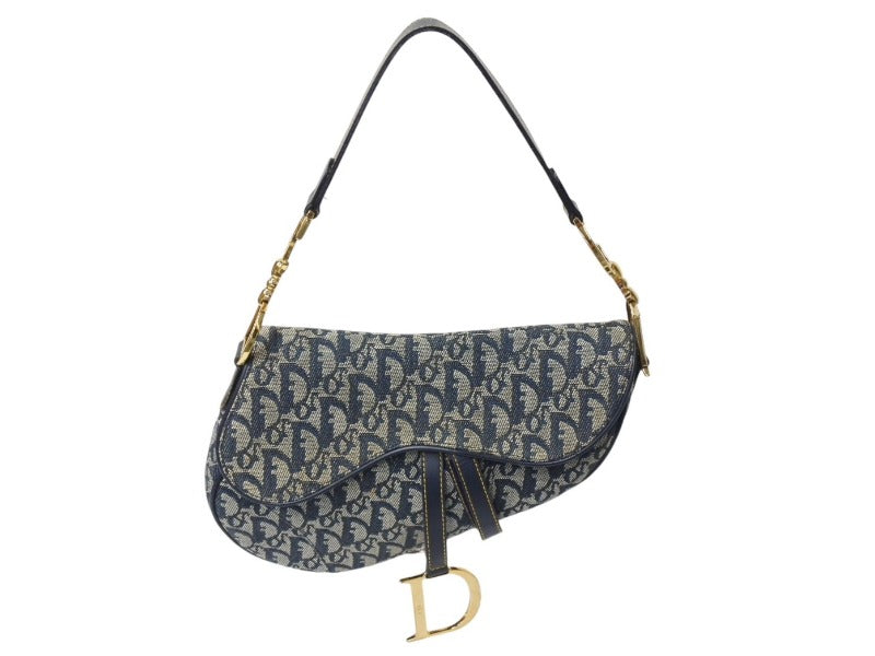 Christian Dior クリスチャンディオール サドルバッグ ガリアーノ期 01年 ハンドバッグ トロッター柄 レザー ネイビー 美品 中古 4c069823