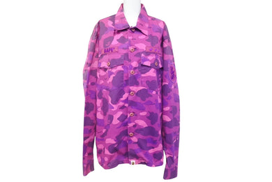 BAPE BY A BATHING APE ベイプ エイプ Yシャツ カモ パープル ピンク コットン 迷彩サイズL 中古美品 4c070111 