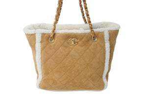 極美品 CHANEL シャネル マトラッセ チェーントートバッグ 26番台 ムートン レザー ブラウン ホワイト マットゴールド金具 中古 4c071183