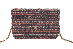 極美品 CHANEL シャネル チェーンウォレット ショルダーバッグ ココマーク 26番台 ツイード レッド系 中古 4c073971