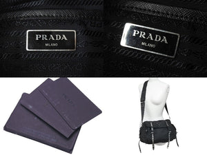 PRADA プラダ ナイロン スタッズショルダーバッグ ブラック トライアングルロゴ シルバー金具 黒レザー 中古 4c074492 