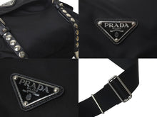 画像をギャラリービューアに読み込む, PRADA プラダ ナイロン スタッズショルダーバッグ ブラック トライアングルロゴ シルバー金具 黒レザー 中古 4c074492 