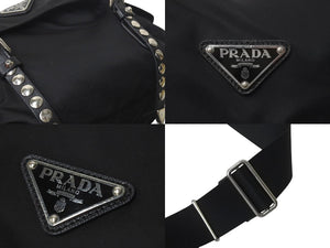 PRADA プラダ ナイロン スタッズショルダーバッグ ブラック トライアングルロゴ シルバー金具 黒レザー 中古 4c074492 