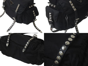 PRADA プラダ ナイロン スタッズショルダーバッグ ブラック トライアングルロゴ シルバー金具 黒レザー 中古 4c074492 