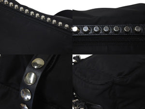 PRADA プラダ ナイロン スタッズショルダーバッグ ブラック トライアングルロゴ シルバー金具 黒レザー 中古 4c074492 
