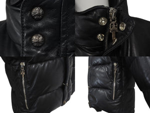 極美品 CHROME HEARTS クロムハーツ STIFF LTHR スティッフ クロスボール ダウンジャケット ブラック 羊革 サイズM シルバー金具 中古 4c074771