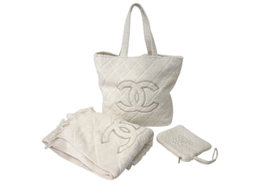 極美品 CHANEL シャネル トートバッグ ビーチタオル ポーチ 3点セット ココマーク パイル コットン アイボリー 中古 4c075559
