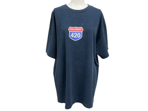 VINTAGE ヴィンテージ HIGHWAY 420 ハイウェイ 半袖Tシャツ マリファナ パロディ ネイビー 古着 良品 中古 4c075789 